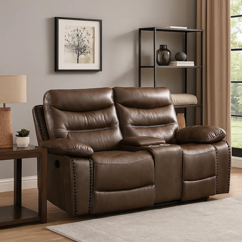 Motion Loveseat with Leatherette Upholstery and Tufted Seat, Brown