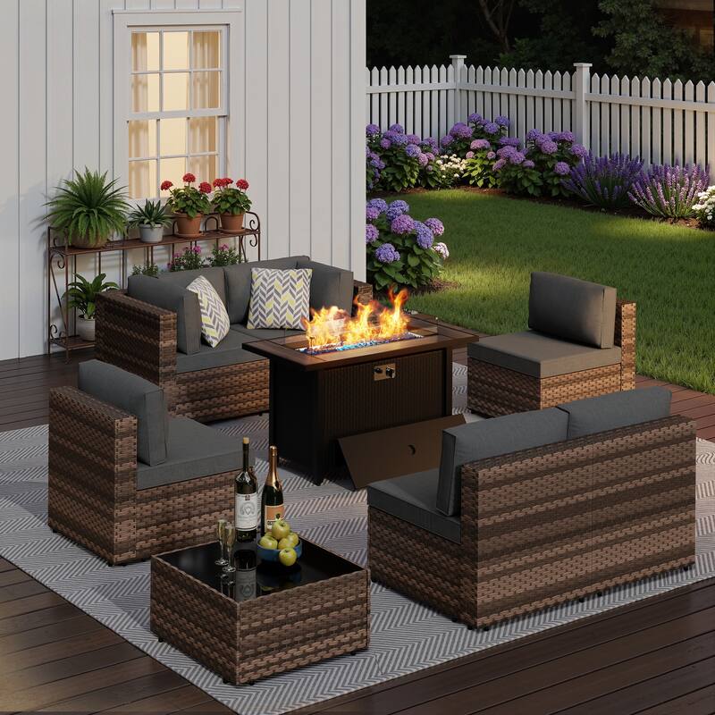 8-Piece Outdoor Patio Wicker Conversation Set with Fire Pit Table, Sectional Sofa & Cushions - N/A - Grey/Brown