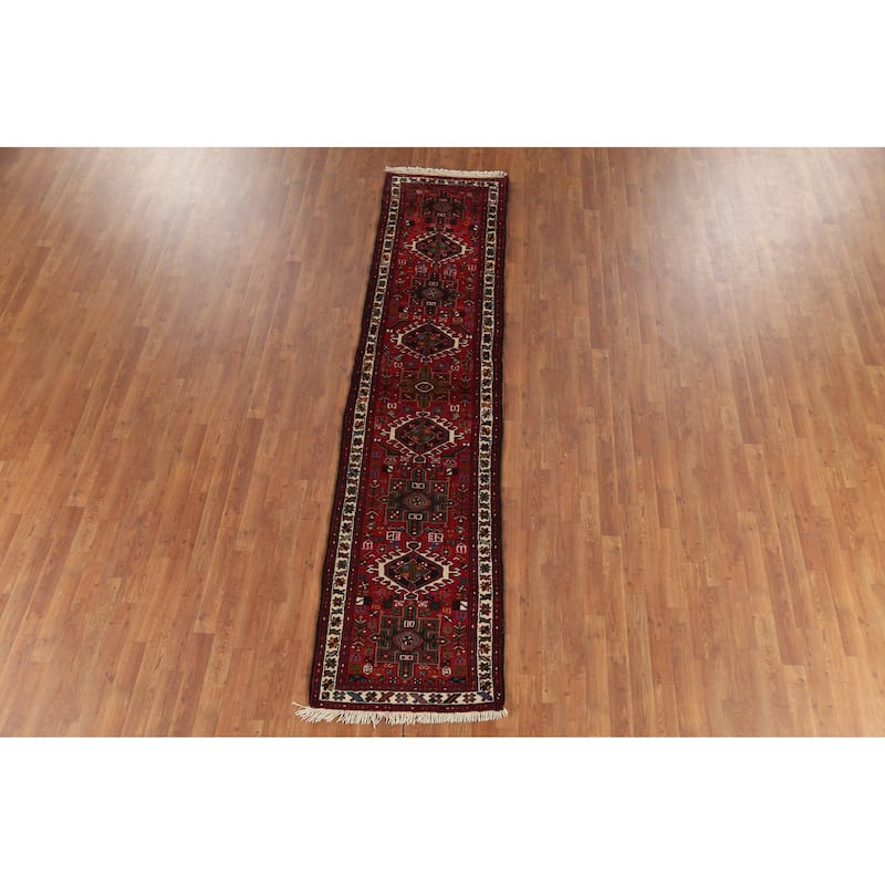 Tribal Geometric Gharajeh Persian Runner Rug Handmade Red Wool Carpet - 2'4"x 9'10"
