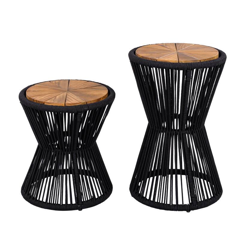 Scott Living - Nara Modern Outdoor Acacia Wood and Woven Rope Sculptural Side Table, Set of 2 - 32.28"L