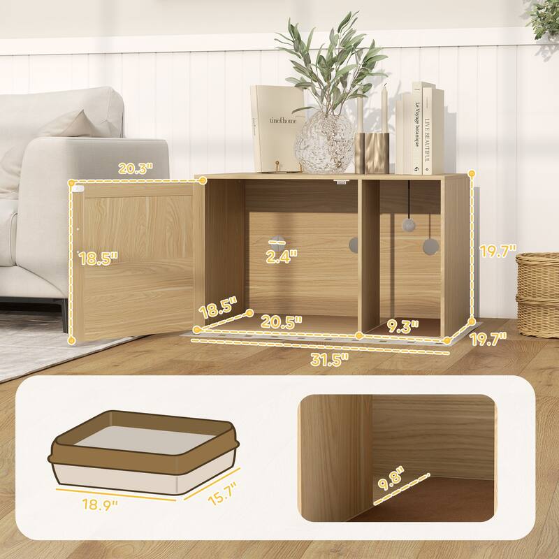 Modern Oak Cat Litter Box Furniture with Rattan Door and Storage Top Scratching Pad Included