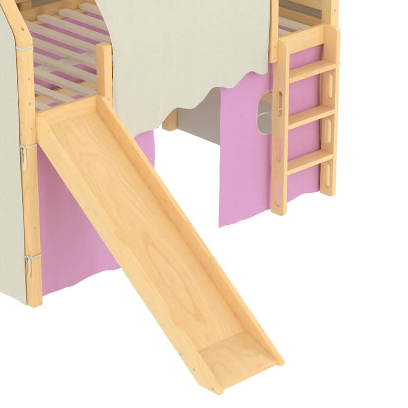Fairytale Loft Bed Wooden House Bed with Tents, Light Strip and Slide