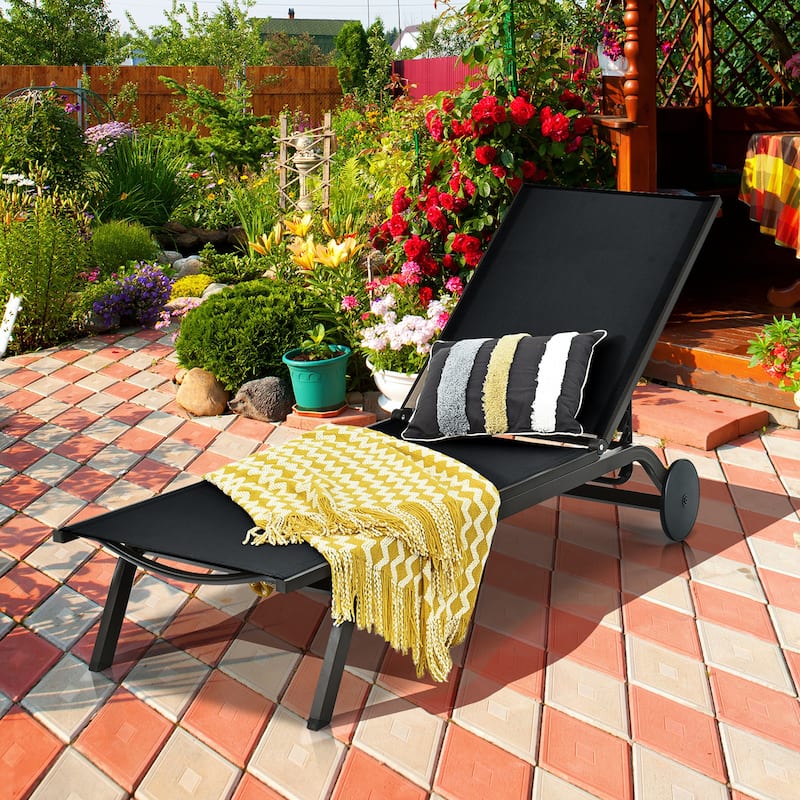 Costway Outdoor Lounge Chair Chaise Reclining Aluminum Fabric - See Details - Black