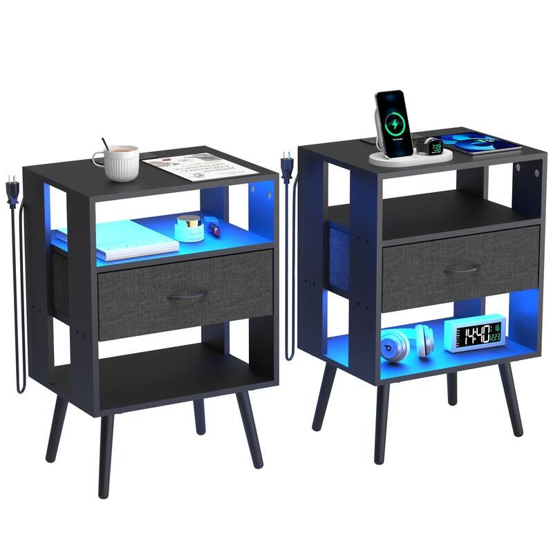 Modern 2-Piece Nightstand with Charging Station and LED Light