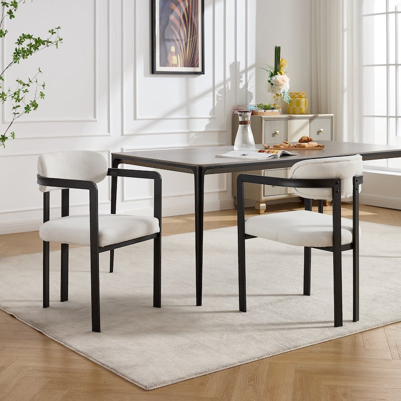 Modern Dining Room Chairs Set of 2, Mid-Century Upholstered Boucle Kitchen Dining Chairs with Black Metal Legs