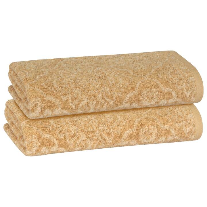 PREMIUS 2 Pack Damask 100% Cotton Yarn Dyed Bath Sheet, 32x64 Inches - 30x64 Inches - Wheat