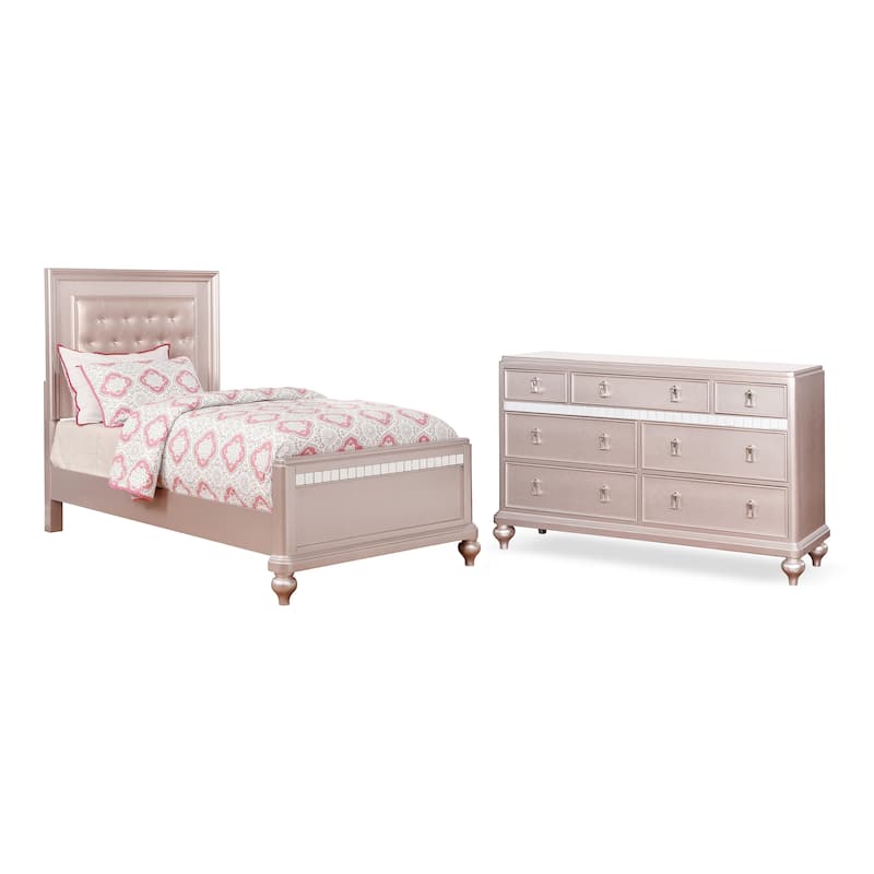 Furniture of America Dzhebel Modern 2-Piece Rose Gold Faux Leather Tufted Headboard Kids Panel Bed and Dresser Set
