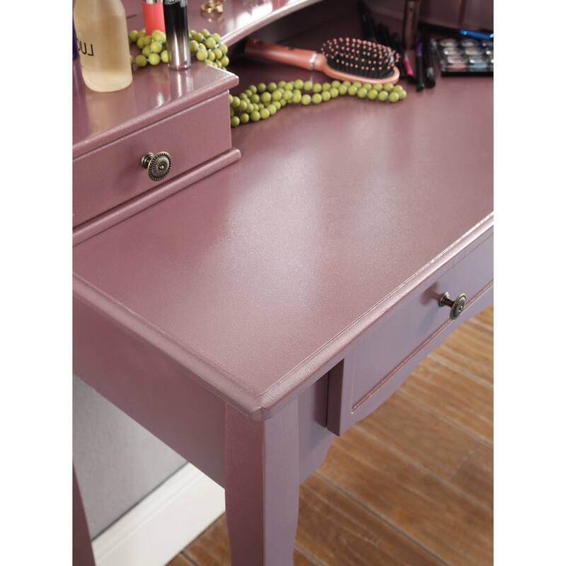 Wooden Vanity Table and Upholstered Stool Set, with 3-Panel Mirror and Ample Storage Drawers