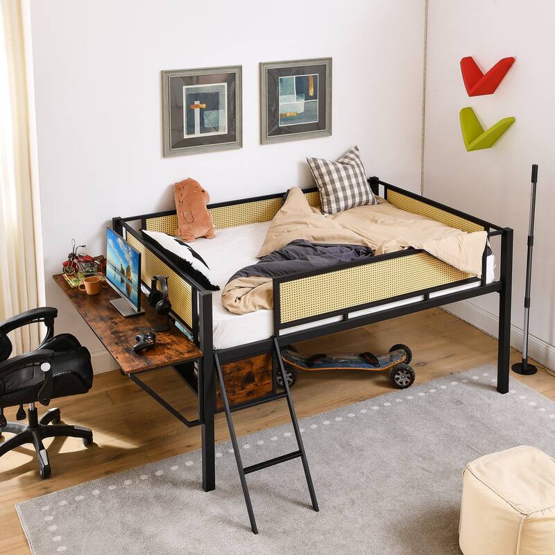 Metal loft Bed With Desk,LED loft Bed Frame Double Bed,Shelves,hanging compartments,safety guard,ladder,no box springs required
