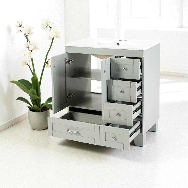 30" Bathroom Vanity with Ceramic Sink Solid Wood Frame Soft Close Drawers and Adjustable Storage Shelves