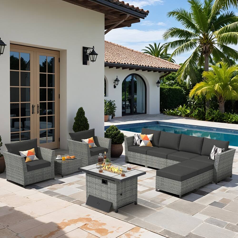 XIZZI 10-piece Outdoor Furniture Rattan Wicker Sectional Sofa with Fire Pit