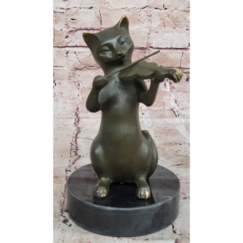 Bronze Cat Playing Violin – Musical Feline Statue On Marble