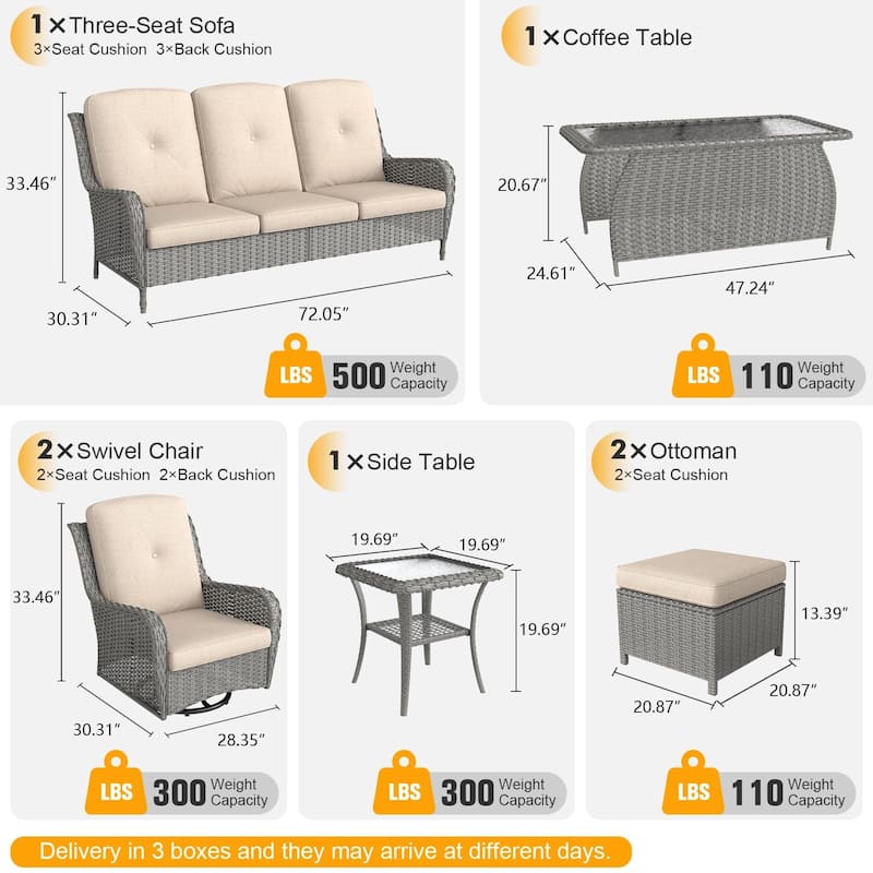 7 Pieces Patio Furniture Set with Swivel Rocking Chair, Coffee Table, Side Table for Backyard, Garden, Navy Blue/Beige/Orange