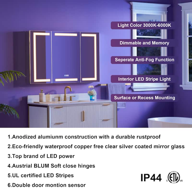 30" H Recessed or Surface LED Mirror Cabinet with Adjustable Glass Shelves,Defogger, Dimmer And Outlets & USB Ports
