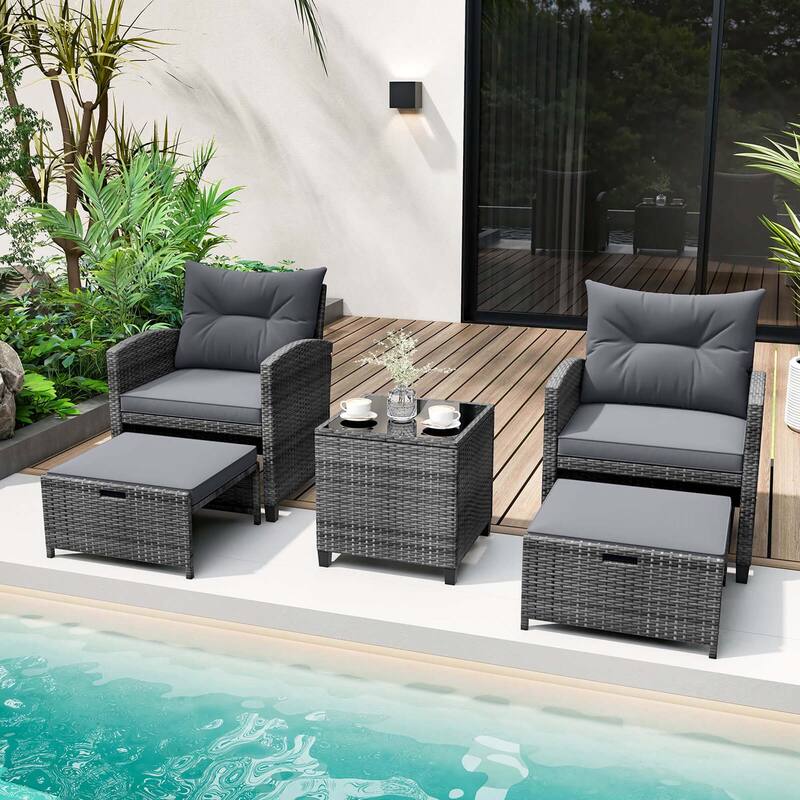 Costway 5 Piece Patio Rattan Furniture with 2 Ottomans & Tempered - See Details - Grey