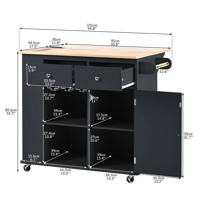39.80'' Rubber wood Kitchen Island with Power Outlet, Drop Leaf, Adjustable Shelf and 2 Drawers - 39.8'' x 29.33'' x 33.7''
