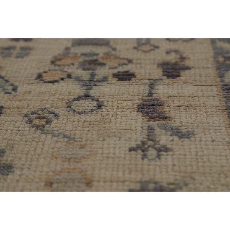 Vegetable Dye Beige Oushak Turkish Runner Rug Hand-Knotted Wool Carpet - 3'2" x 11'10"