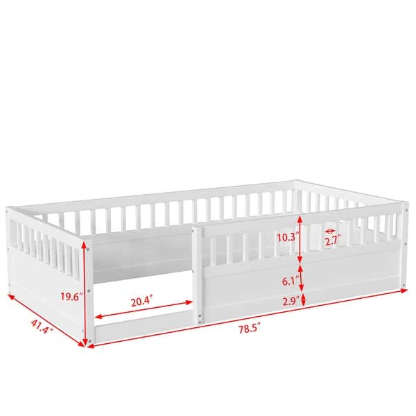 dimension image slide 2 of 3, Twin Floor Bed Frame with Fence,Wood Kids Floor Beds Frame for Bedroom