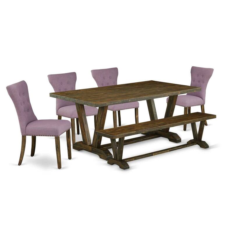 Country Cottage 6-Piece Kitchen Dining Set - Linen Fabric Chairs, Tufted Backs, Wood Table & Bench