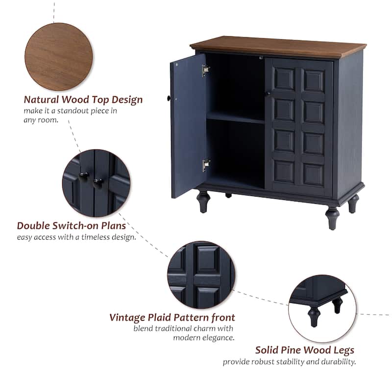 COZAYH Vintage Storage Cabinet With Plaid Pattern Front, Rustic Sideboards With Push-to-open Doors For Bedroom, Living Room