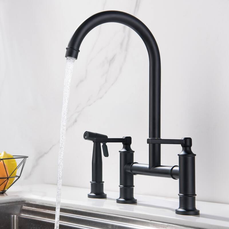 Doulb-Handle Bridge Kitchen Faucet with Side Spray - Matte Black