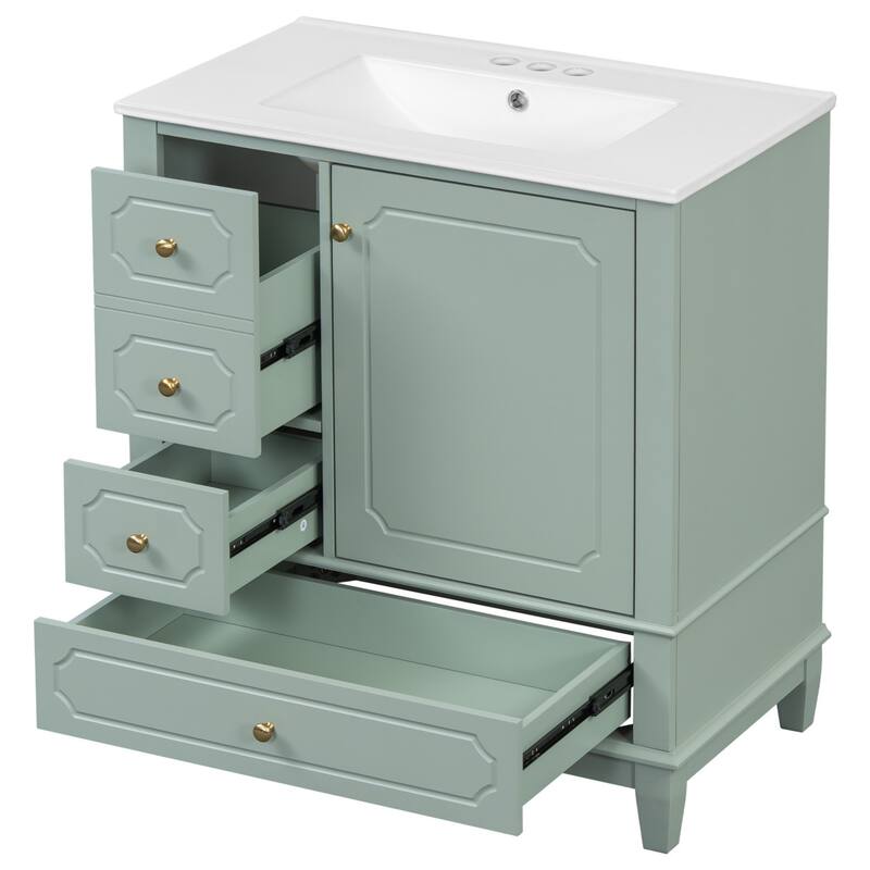 30 " Bathroom Vanity with Sink, Drawers, and Storage Shelves - Light Green
