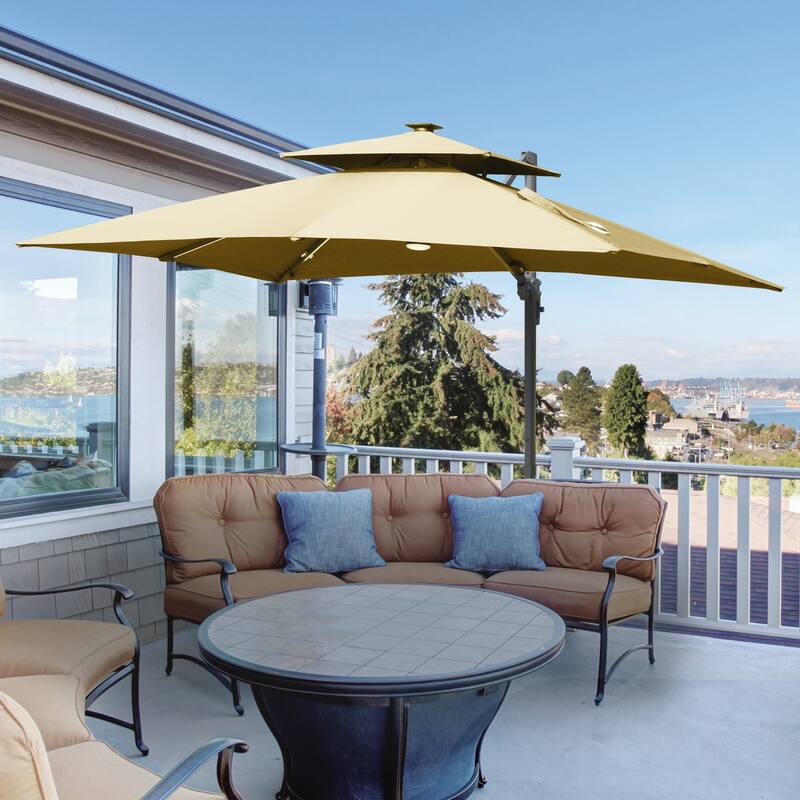 Cantilever Patio Umbrella 2 Tops Outdoor Umbrella with LED Light and Power Bank 360° Rotation Cross Base for Garden