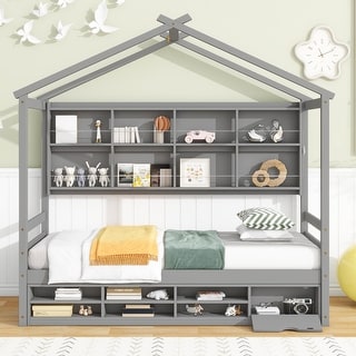 Grey Wooden Twin House Bed wSemi-enclosed Roof, Storage Shelves