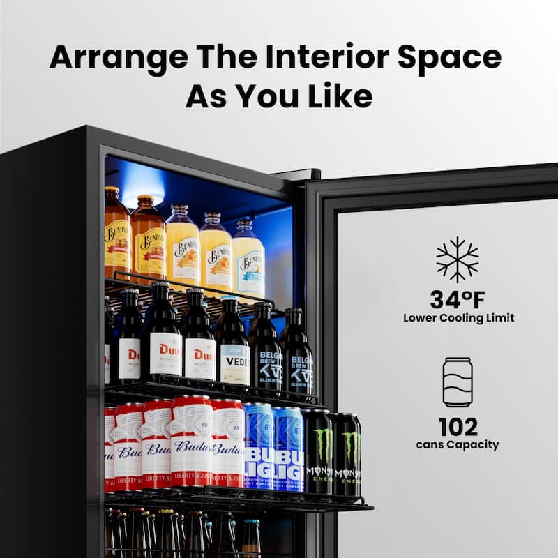 3.35 Cu.Ft Beverage Refrigerator, Glass Door Cooler with LED Display, Quiet Compressor, 102-Can Capacity