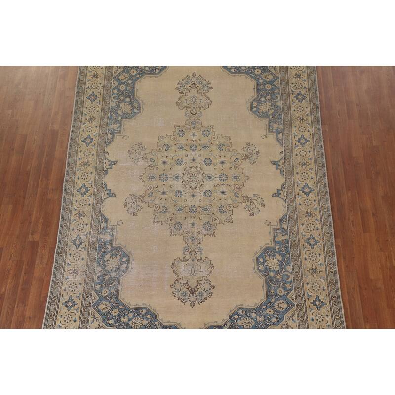 Hand Knotted Oriental 100% Wool Carpet Traditional Medallion Beige & Ivories Tabriz Area Rug - 10' 3'' X 6' 9''