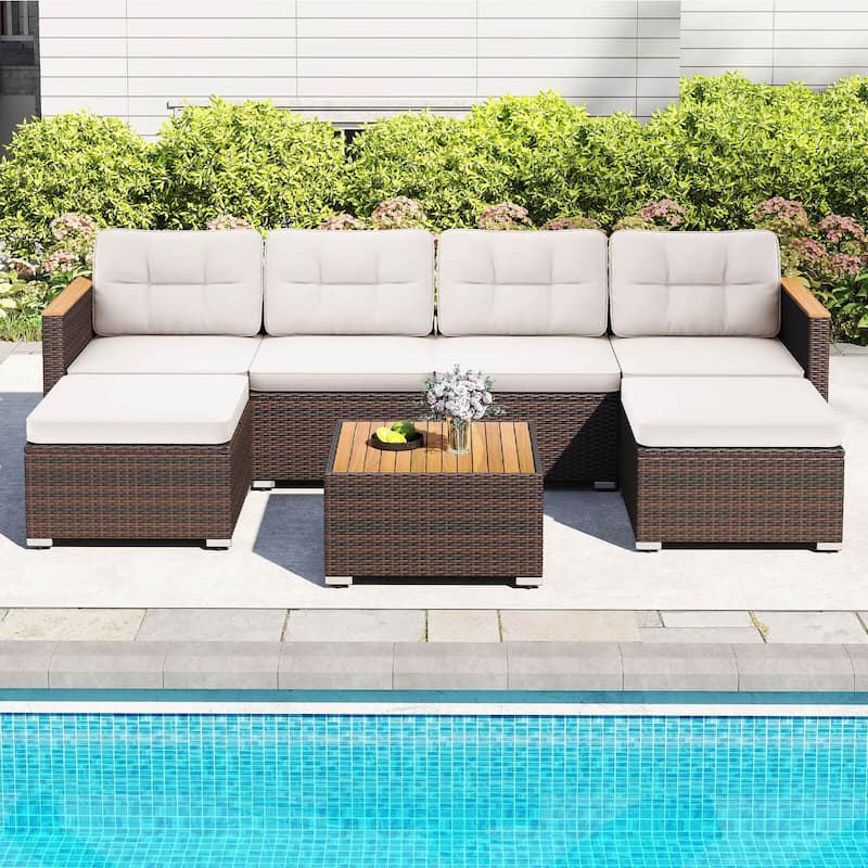 Costway 7 PCS Wicker Conversation Set with Seat & Back Cushions Wood - See Details