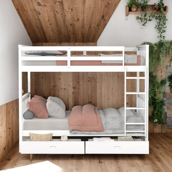 slide 2 of 9, Twin over Twin Bunk Bed With Ladders and Two Storage Drawers for Bedroom White