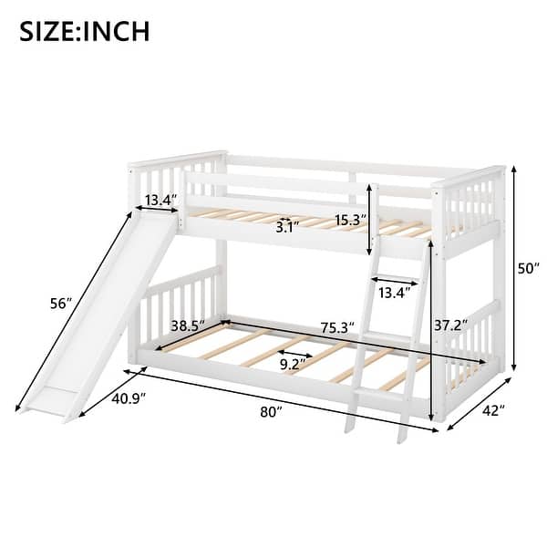 dimension image slide 0 of 2, Twin over Twin Low Bunk Bed with Convertible Slide and Reversible Ladder, Grey - Space-Saving and Sturdy Wood Frame