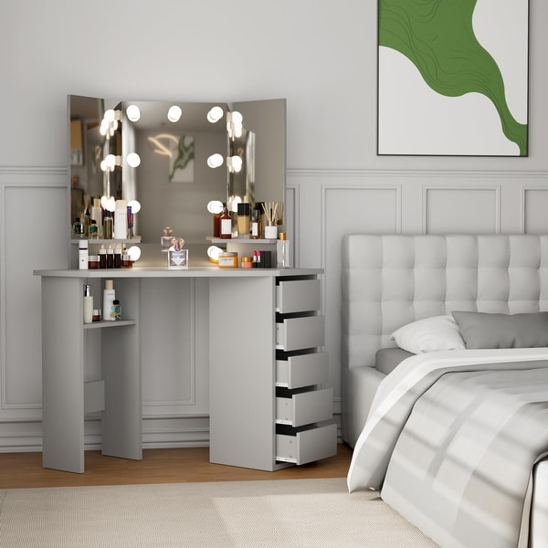 Corner Vanity Desk, Modern Vanity Desk with Drawers and Mirror, Grey Makeup Vanity with Lights, Small Vanity Table Makeup Desk - Bed Bath & Beyond