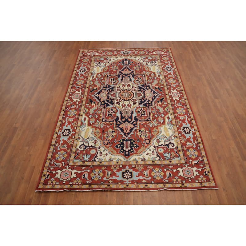 Hand Knotted Oriental 100% Wool Carpet Traditional Medallion Oranges & Rust Heriz (serapi) Area Rug - 9' 1'' X 6' 2''