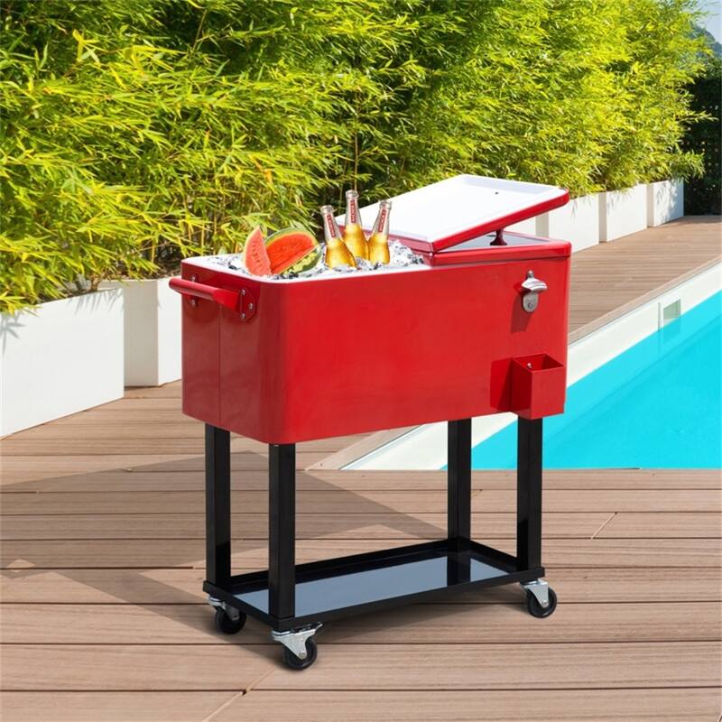 80 Quart Cooler Ice Chest Steel Frame With Wheels And Handles - 35.5" L x 15.25" W x 32.75" H - Red