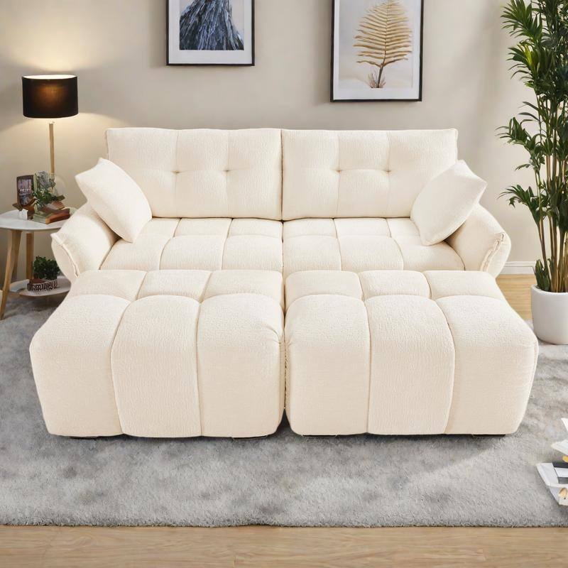 78.7" Chenille 2-Seater Sofa Set with 2 Ottomans and Throw Pillows, Plush Deep Seating Design - White