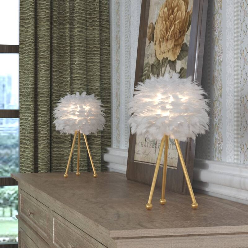 19" Tripod Feather Shade Table Lamp Set (Set of 2) - White