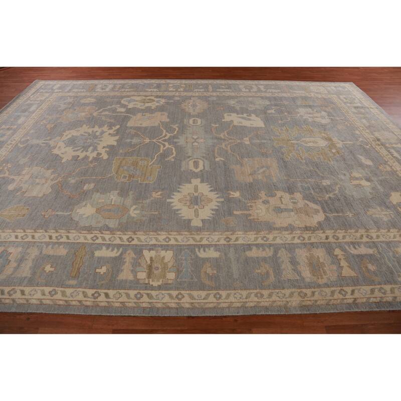 Hand Knotted Oriental 100% Wool Carpet Transitional All-Over Greys & Charcoal Oushak Area Rug - 14' 0'' X 10' 1''