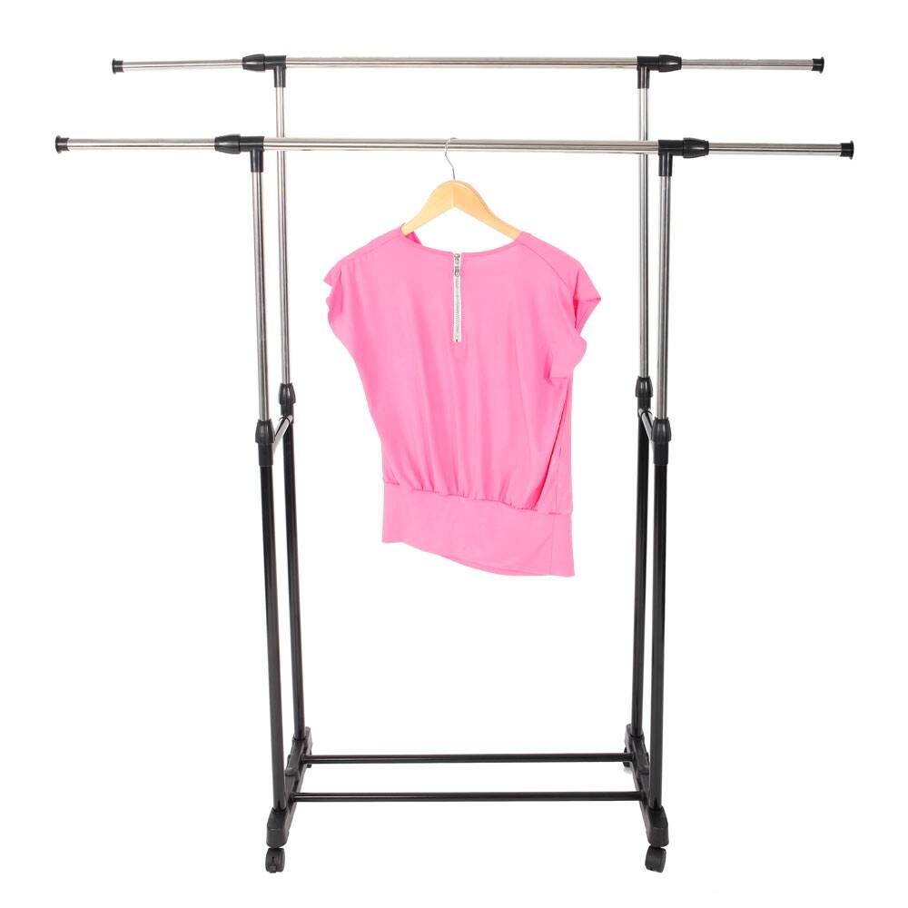 Dual-bar Stretching Stand Clothes Rack with Shoe Shelf