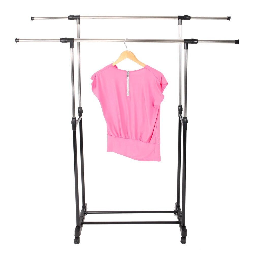 Dual-bar Stretching Stand Clothes Rack with Shoe Shelf