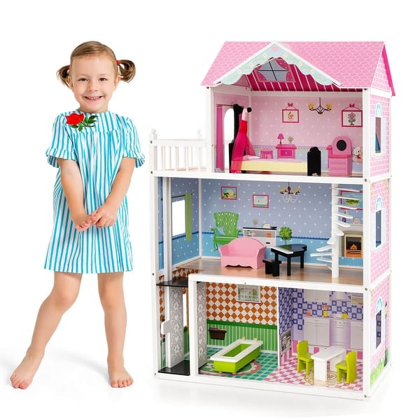 slide 2 of 10, Gymax Kids Wooden Dollhouse with Working Elevator & Rotatable Pink