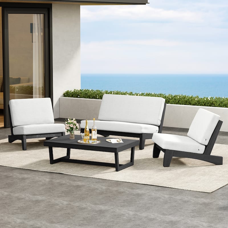 4 Pieces Wood Sectional Sofa Patio Conversation Set With Cushion - Whole Cushion - Beige/Brown