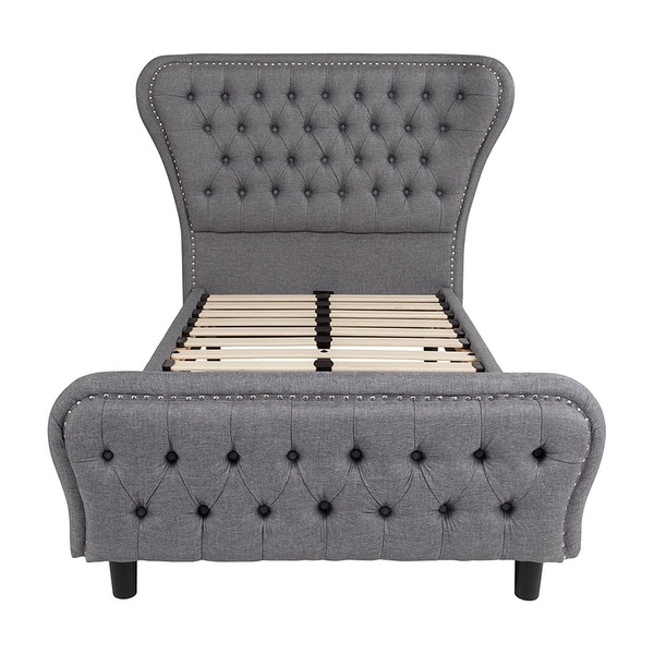 Offex Cartelana Tufted Upholstered Twin Size Platform Bed with Silver Accent Nail Trim in Light Gray Fabric