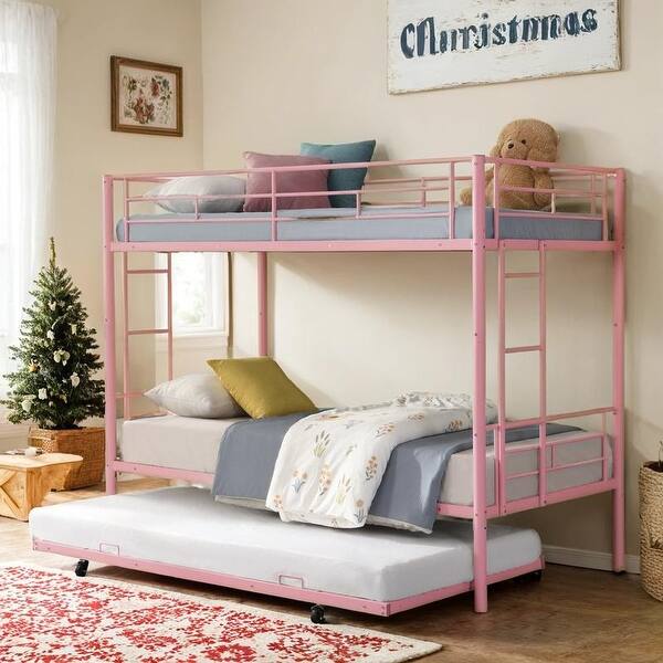 slide 2 of 18, Sturdy Metal Bunk Bed, Twin over Twin with Trundle Pink