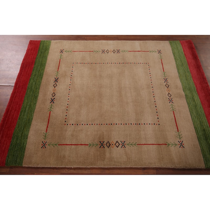 Beige Tribal Gabbeh Oriental Accent Rug Handmade Wool Carpet - 4'2"x 5'8"