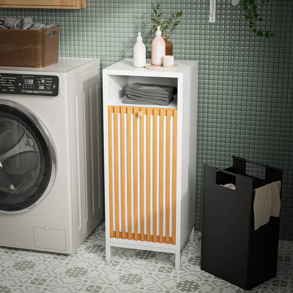 Bathroom Side Cabinet with Bamboo Front & Hamper - Natural/White