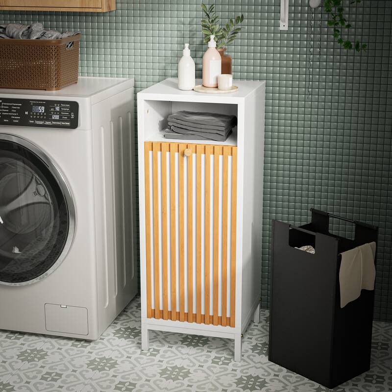 Bathroom Side Cabinet with Bamboo Front & Hamper - Natural/White - White+Natural