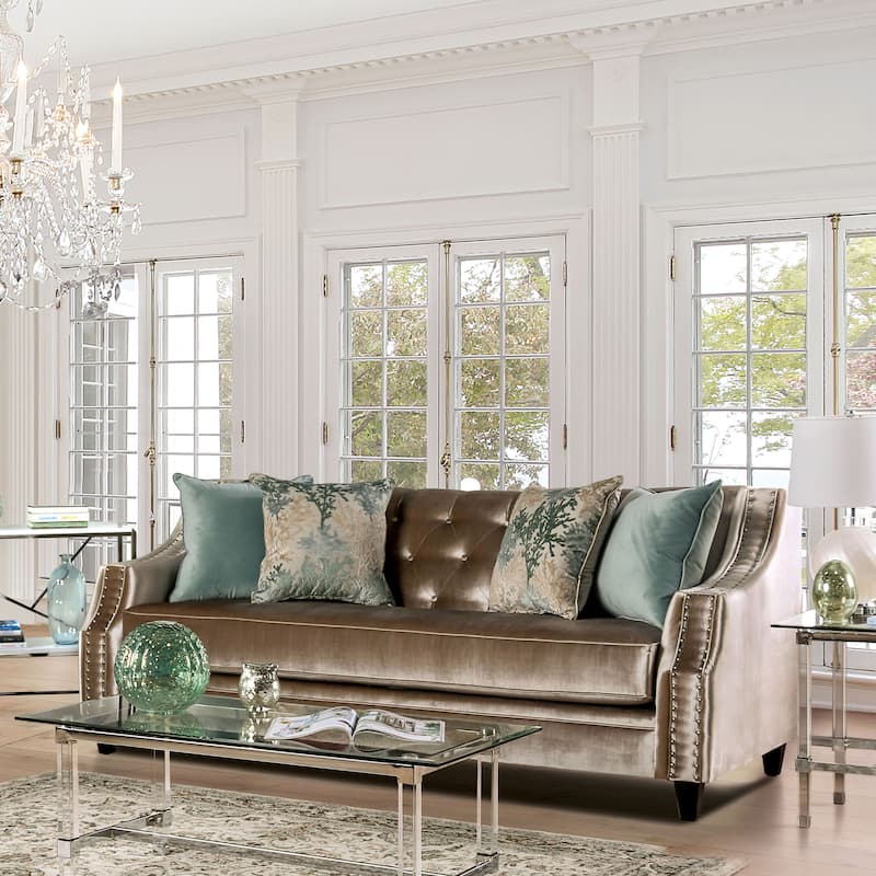 Vynn Transitional Chenille Upholstered Nailhead Trim Sofa by Furniture of America - Champagne