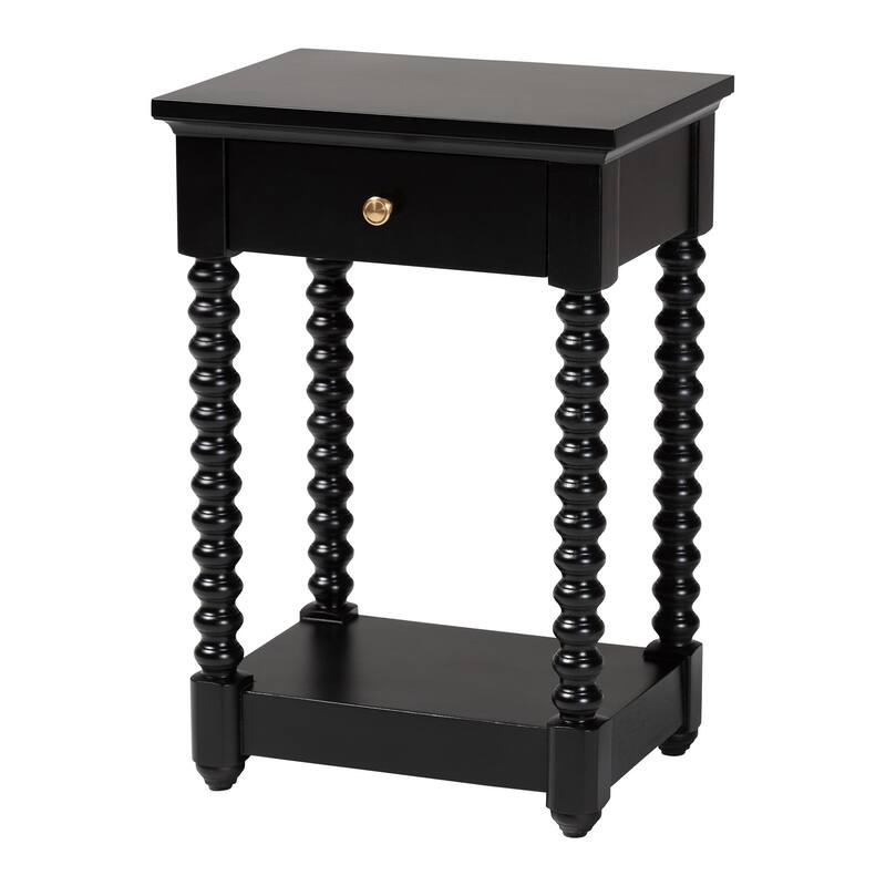 Terentia Nightstand with Bobbin Legs - 1-Drawer Bedroom Side Table with Storage Shelf - Black